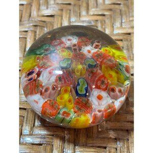 Vintage Handcrafted Millefiori Glass Paperweight With Vibrant Multicolored Flora